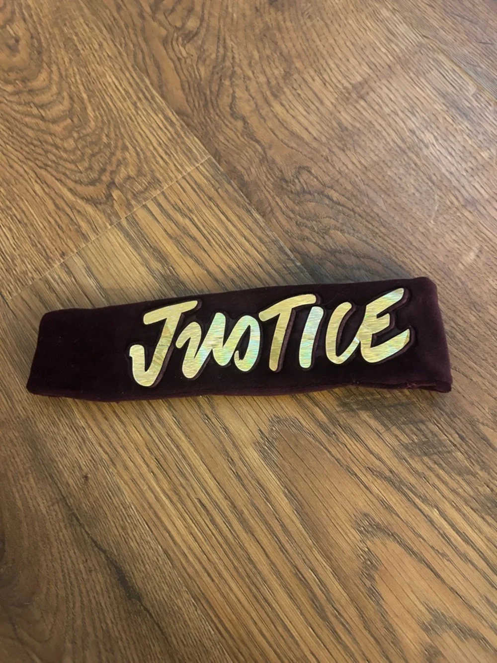 Justice Velvet Headband in Deep Maroon with Gold Holographic Logo